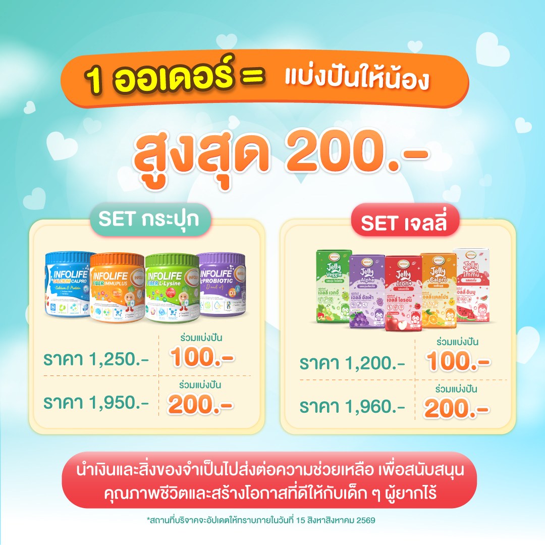 ช้อปชิ้นโปรด ส่งต่อรอยยิ้มให้น้องๆ กับ INFOLIFE 1 ออเดอร์ = แบ่งปันน้อง  มาร่วมสร้างโอกาสที่ดีให้กับเด็กๆ ที่ขาดแคลน 2